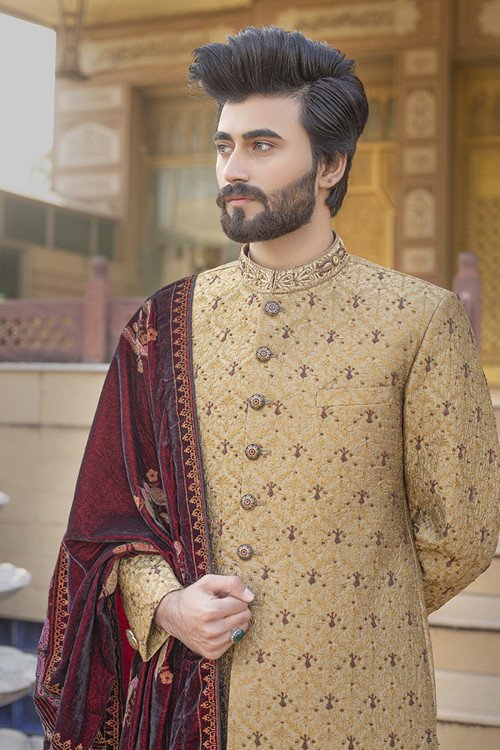 The Epitome of Royal Elegance: The Golden-White Sherwani & Shaw